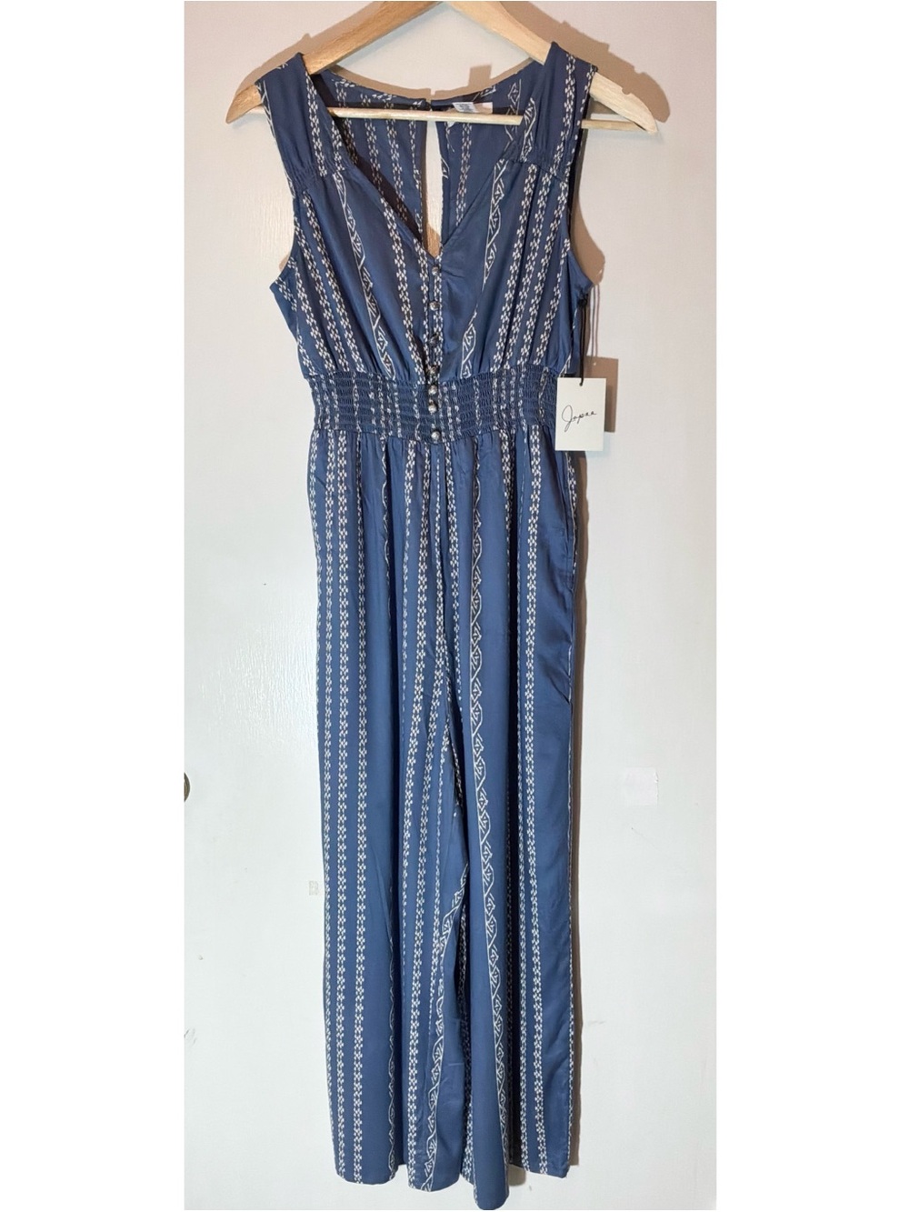 NEW JAPNA Dusty Blue Striped Sleeveless Jumpsuit NWT | Wide Leg Boho Chic